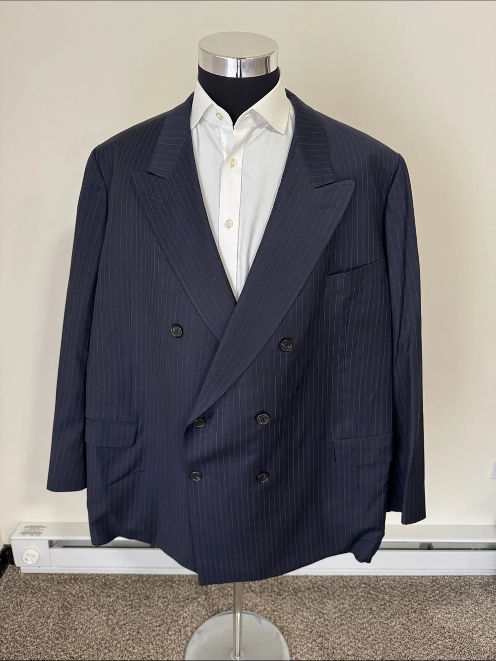 Hickey Freeman mens 52L many blue pinstripe double breast Lori Piana jacket EUC